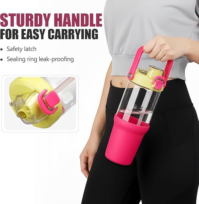 Glass Tumbler with Carry Handle, Clear Glass Water Bottle with Leakproof Lid, Spout Lid&Straw, BPA-Free, 32 oz, Bright Pink