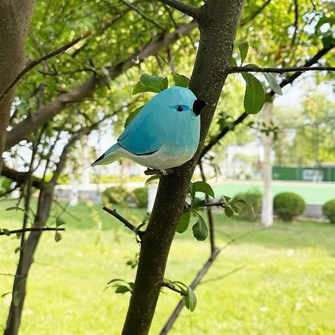 Handmade Wooden Blue Robin Figurine - 3.7" Hand-Carved & Painted Bird Statue - Solid Basswood Animal Sculpture for Home Office Decor, Holiday Ornaments & Memorial Gift for Bird Lovers