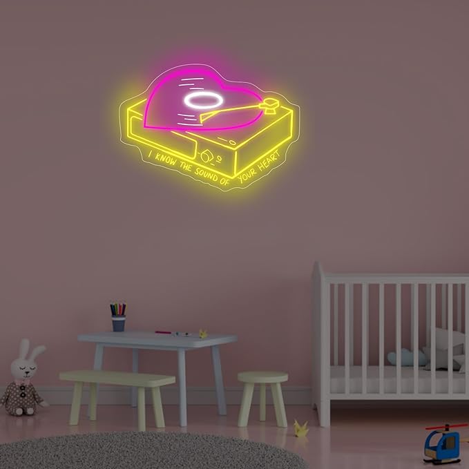 Heart shape vinyl record neon sign, Music Wall Décor, 90s theme party decoration, music decor, bar decor, Home, A esthetic Room, Wedding, Party, Kitchen, Record Label, Sound Studio, Yellow