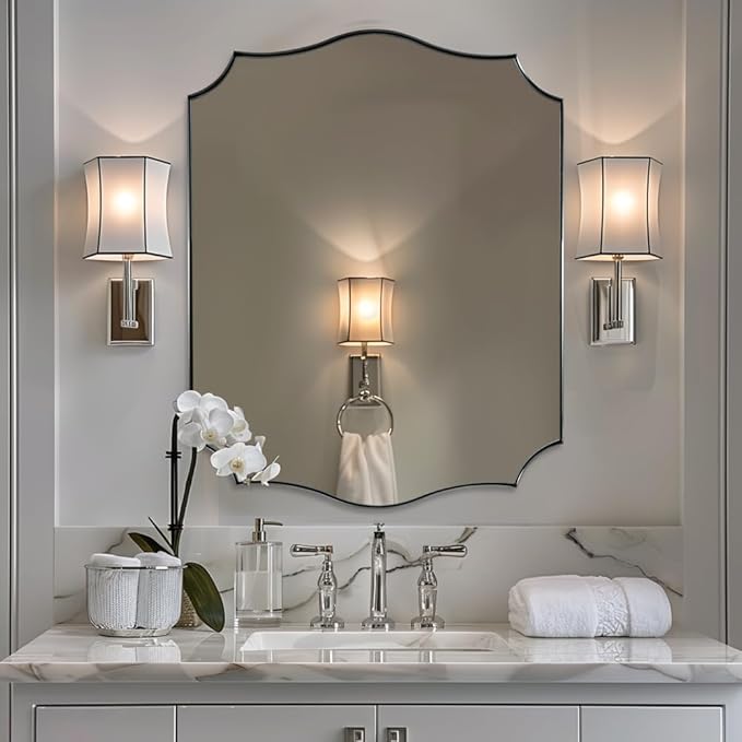 ANDY STAR Brushed Nickel Mirror, 24x32 Inch Unique Mirror for Bathroom, Silver Bathroom Vanity Mirror, Modern Curved Design, Rust-Proof Stainless Steel Metal Frame