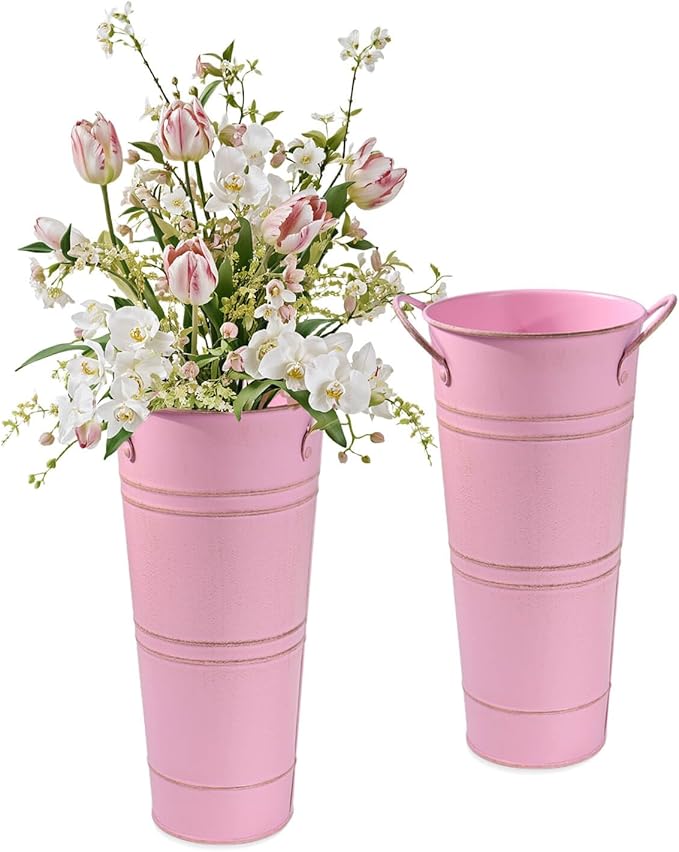 9 Inch Galvanized Metal Vases for Flowers - 2 Pcs Farmhouse Decorative Tall Flower Bucket with Handles, Rustic French Tin Planter Buckets for Wedding Decor (Pink)