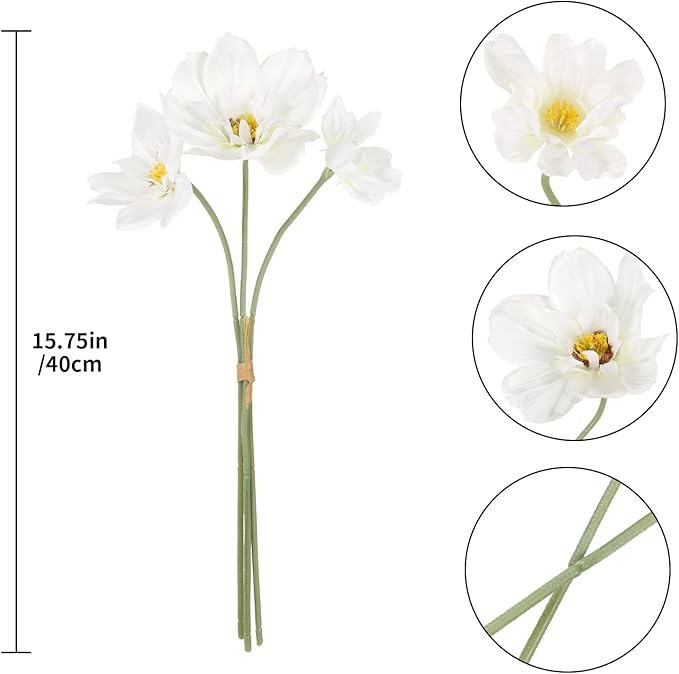INSUNX 5 Bouquet Cosmos Artificial Flowers White Fake Daisy Flowers 15Pcs Faux Wildflowers Silk Flowers for Wedding Garden Home Party Table Centerpieces Cake Decor (White)