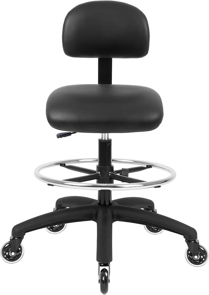 Chair Master FSS Series Square seat Tall (25"-35") seat Height Chair. Vinyl-for Office, Garage, Desk, Shop, Computer, Doctor, Medical, Easy to Clean! 18" Footring (Black, Tall, Rubber Roller Casters)