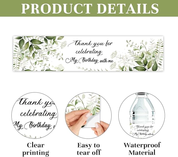 100 Pcs Greenery Floral Birthday Water Bottle Labels Sticker for Party Table Decoration Party Supplies Birthday Gift Ideas for Women Her