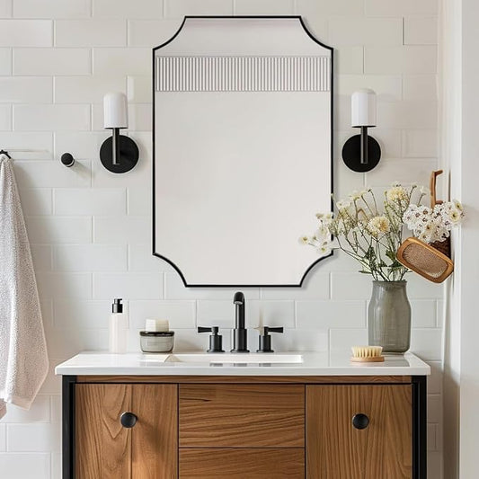 ANDY STAR 24x36 Inch Black Mirror, Matte Black Scalloped Wall Mirror, Modern Black Framed Mirror with Sophisticated Scalloped Design, Glass Panel Wall-Mounted Mirror Hangs Vertical or Horizontal