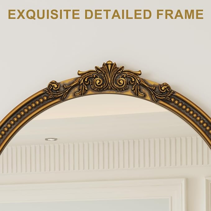 CozyDH Retro Gold Round Wall Mirror Decor - 24x24 inch Ornate Baroque Style Beaded Soli Wood Frame - Vintage Home Decor for Entryway, Foyer, Fireplace, Living Room, Hallway