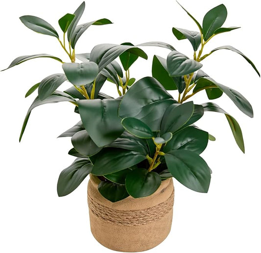 Artificial Plants Potted 12.8'' Fake Ficus Plant in Jute-Wrapped Yellow Planter Realistic Leaves Faux Plants Greenery Suitable for Home Office Kitchen Bathroom Bedroom Tabletop Decoration