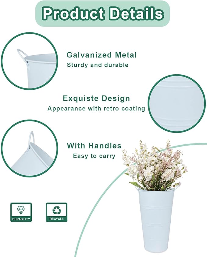 12 Inch Galvanized Metal Vases for Flowers - 6 Pcs Farmhouse Decorative Tall Flower Bucket with Handles, Rustic French Tin Planter Buckets for Wedding Decor (Pure White)