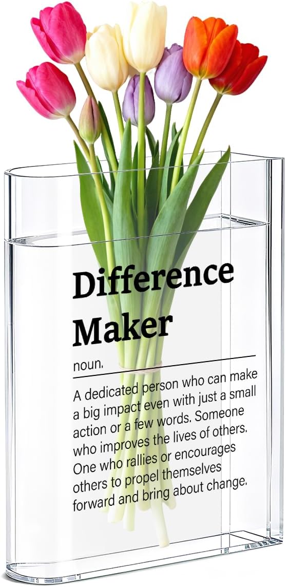 Difference Maker Bosses Day Gifts for Women Men Funny Office Decor for Women Wooden Acrylic Book Flower Vase National Boss Day Decorations Gifts for Leader HR Men Manager Office Bookshelf Desk Decor