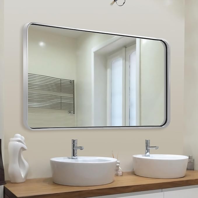 ANDY STAR 48”X30” Chrome Bathroom Mirrors, Polished Chrome Vanity Mirror, Rounded Rectangle Mirror for Wall, SUS304 Anti-Rust Tube Metal Frame, Wall Mounted Horizontal/Vertical 1’’ Deep