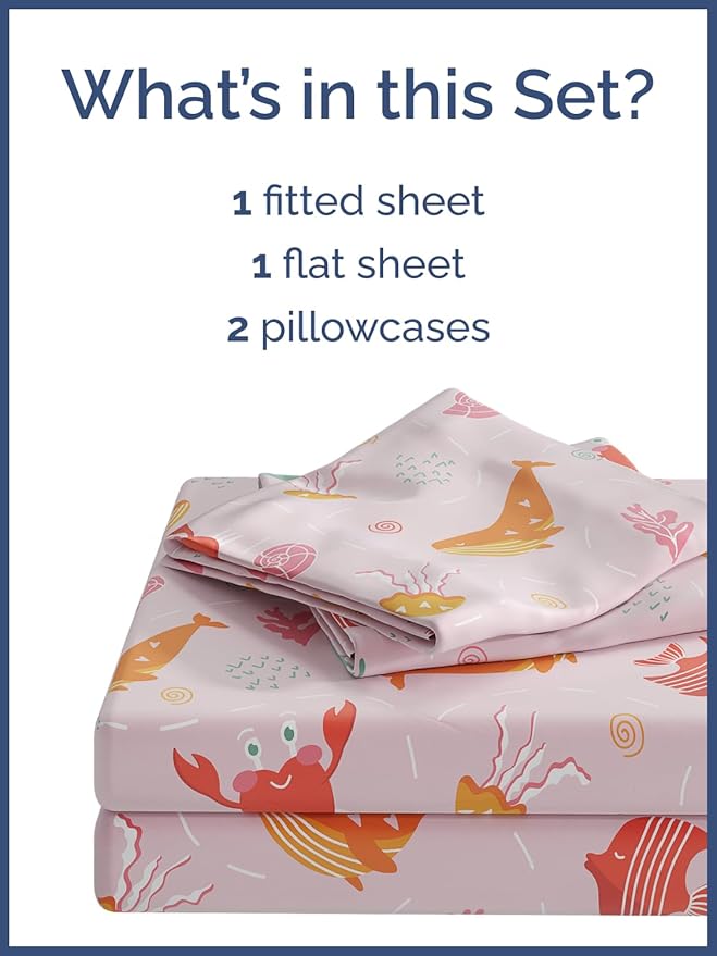 Kids Pink Fish Queen 4 Piece Sheet Set - Boys, Girls, Teens, Toddler - Easy Fit Deep Pockets - Breathable, Hotel Quality Kids Sheets - Machine Washable - Wrinkle Free - Cute, Cozy, Soft - CGK Linens