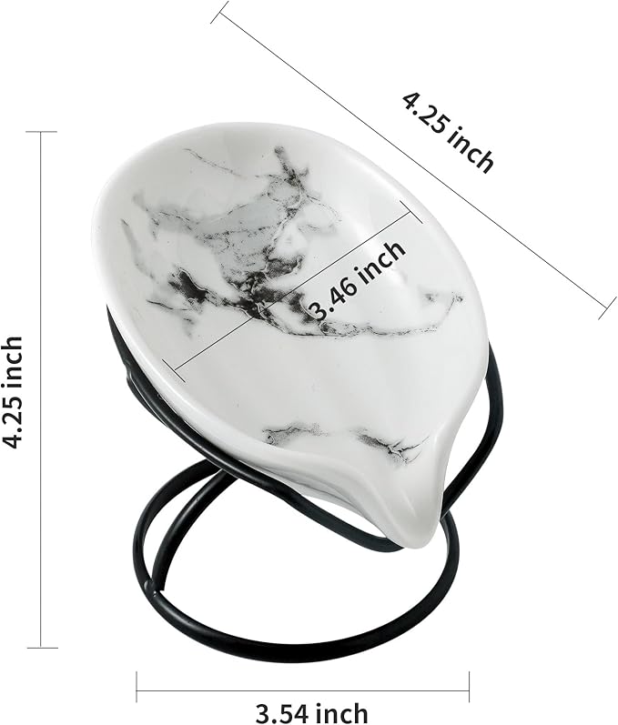 Dobbyby Leaf-Shaped Soap Dish – Ceramic Soap Bar Holder with Self-Drainage System – Bar Soap Holder for Shower, Bathroom Sink, Kitchen – Soap Dish with Stainless Steel Stand (White-Black-2 Pack)