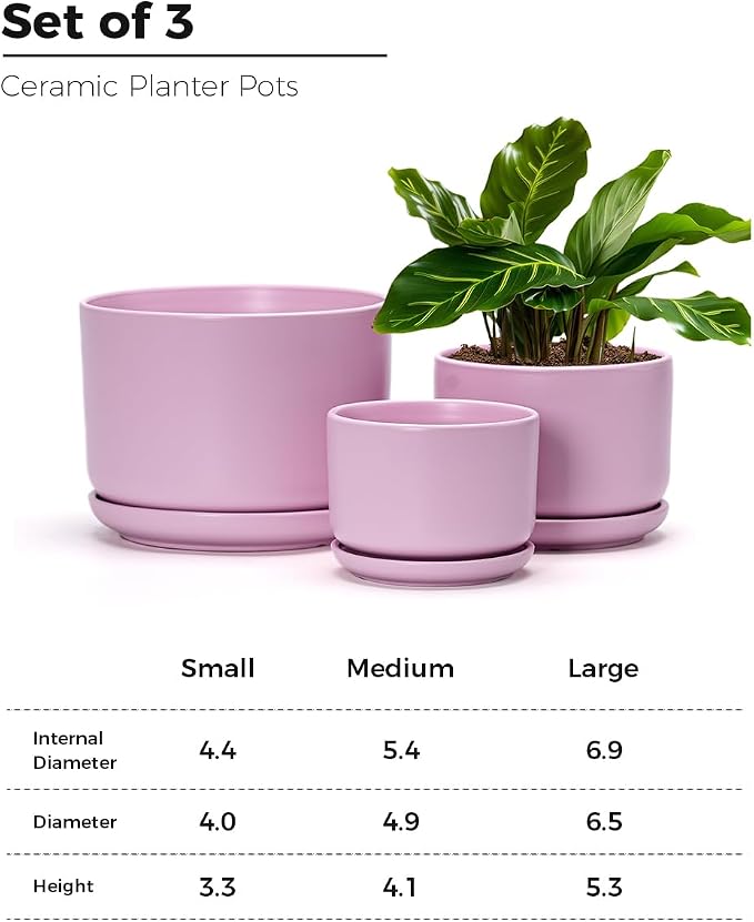 Ton Sin Pink Flower Pots,Ceramic Planter Pot for Indoor Plants,Set of 3 Flower Pot with Drainage Holes and Tray,Cute House Plant Pot for Succulent, Orchid, Cactus(Matte Pink)