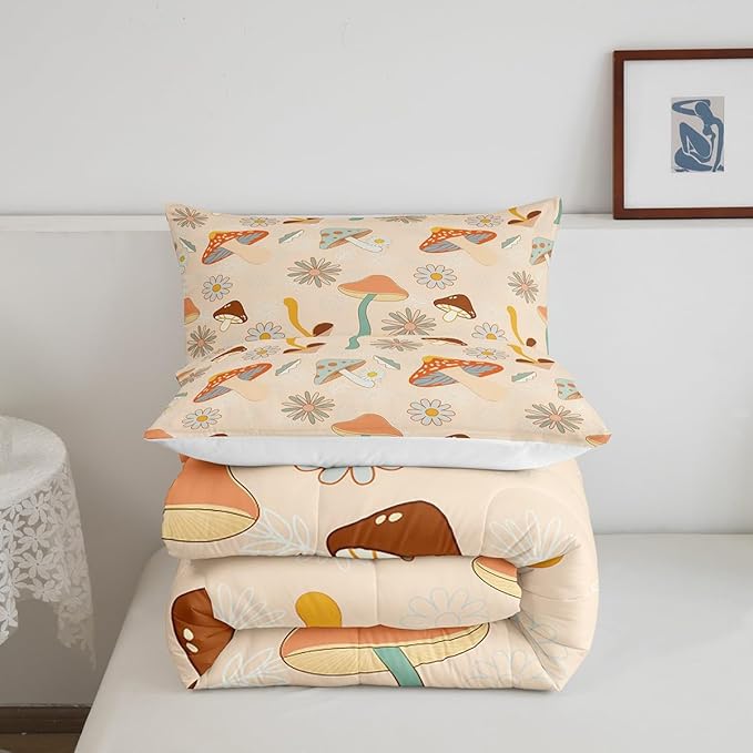 Castle Fairy 60s 70s Retro Mushroom Comforter Set Full Size,Groovy Flowers Floral Bedding Comforters for Girls Teens Gift,Boho Art Quilt Set with 2 Pillowcases,Chic
