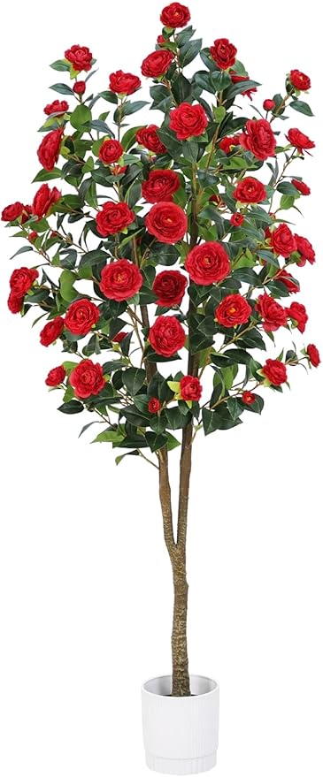 Artificial Camellia Tree 6FT – Nearly Natural Faux Plants Indoor, with Easy Assembly, Low Maintenance, Ideal for Both Indoor Decoration and Other Purposes，Perfect Porch Christmas Trees (Red 6ft)