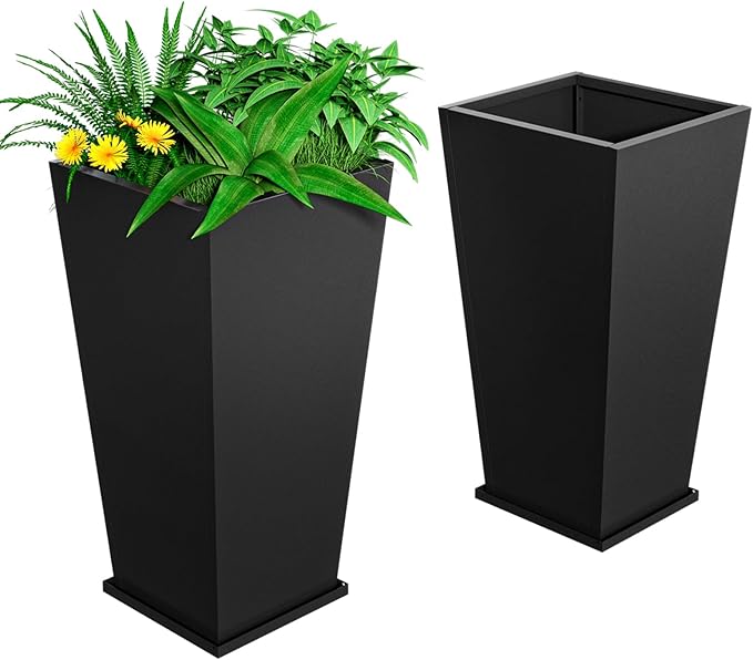 Metal Planter 2 Pack, 15L x 15W x 30H, Heavy Duty Tall Planters for Outdoor Plants, Black Planters with Removable Insert Shelf, Large Planters with Drainage Holes for Porch, Patio, Black