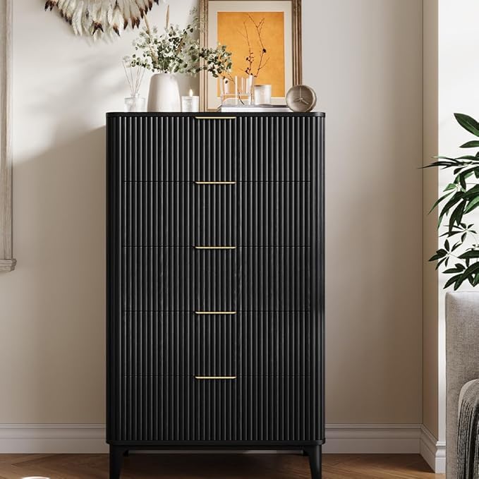 Fluted 5 Drawers Dresser for Bedroom, 45" Modern Tall Chest of Drawers with Wood Grain, Farmhouse Wooden Vertical Dresser, Curved Profile Design, Wood Drawer Organizer for Closet, Hallway Black
