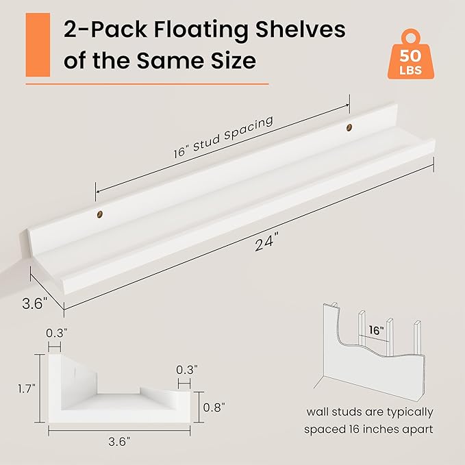 RICHFOCUS Picture Ledge Shelf, 24 inch Floating Shelves Set of 2, Wood Wall Shelves with Lip, Wall Decor Storage for Bedroom Living Room Bathroom Kitchen Nursery Photo Picture, White
