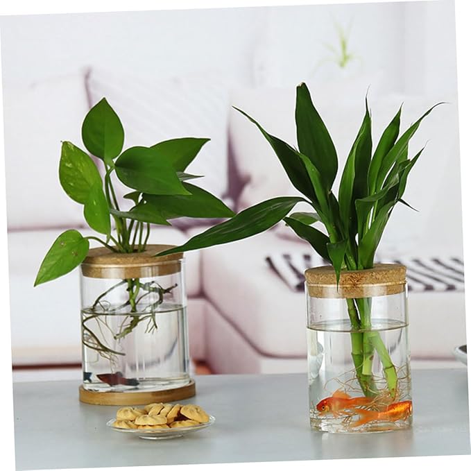 VILLCASE 2pcs Wood Art Glass Vase with Cork Stopper for Hydroponic Plants Decorative Flower Pot for Indoor Greenery Minimalist Plant Vase for Home and Office Decor