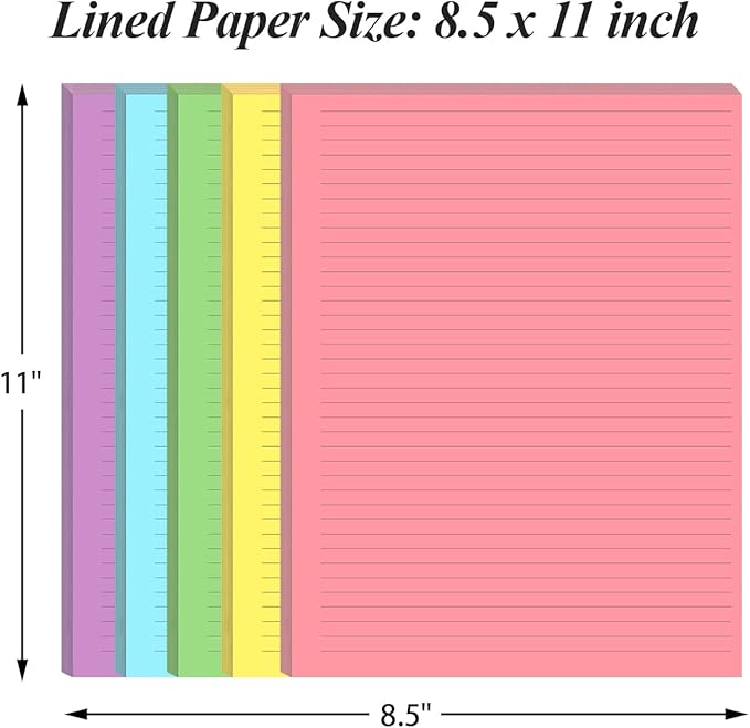 Unpunched Colorful Lined Paper - 100 Sheets/200 Pages Loose Leaf Paper Line Refills, Per Color 20 Sheets, 8.5" x 11"