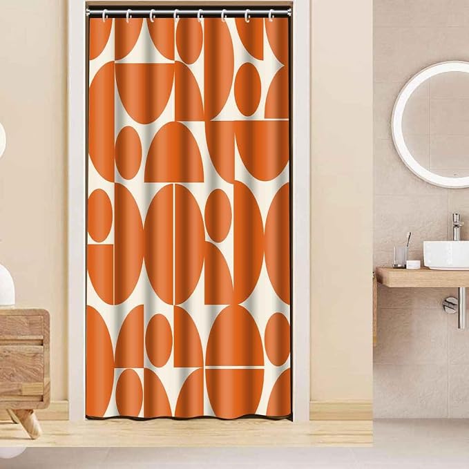Vintage Orange Mid Century Modern Shower Curtain Boho Abstract Geometric Art Shower Curtains for Bathroom Decor 48x72 Inch 70s 80s Retro Washable Fabric Bathroom Set with 8 Hooks