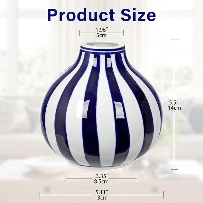 Hollyone Blue and White Vase Porcelain Vases Stripe Small Chinoiserie Vase Classic Ceramic Chinese Floral Vases for Bedroom Living Room Console Table Accent Shelf Tabletop Decor