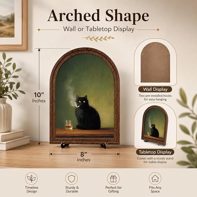 Vintage Black Cat Tabletop Decor Sign, Arched Wooden Frame with Stand, Rustic Home Wooden Sign for Living Room Bedroom Shelf Desk Display, Stylish Home Accent