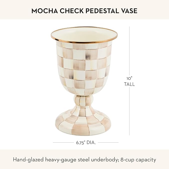 MACKENZIE-CHILDS Pedestal Vase, Decorative Centerpiece and Flower Holder, Brown-and-White Mocha Check