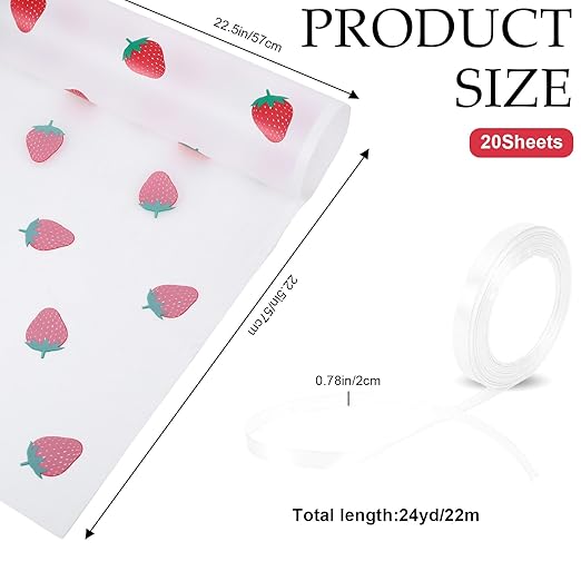 20 Sheets Flower Wrapping Paper, Translucent Strawberry Flower Bouquet Wrapping Paper with Ribbon White Floral Papers White Gifts Wrapping Papers for Bouquets Birthday Girl Wedding Christmas Valentine