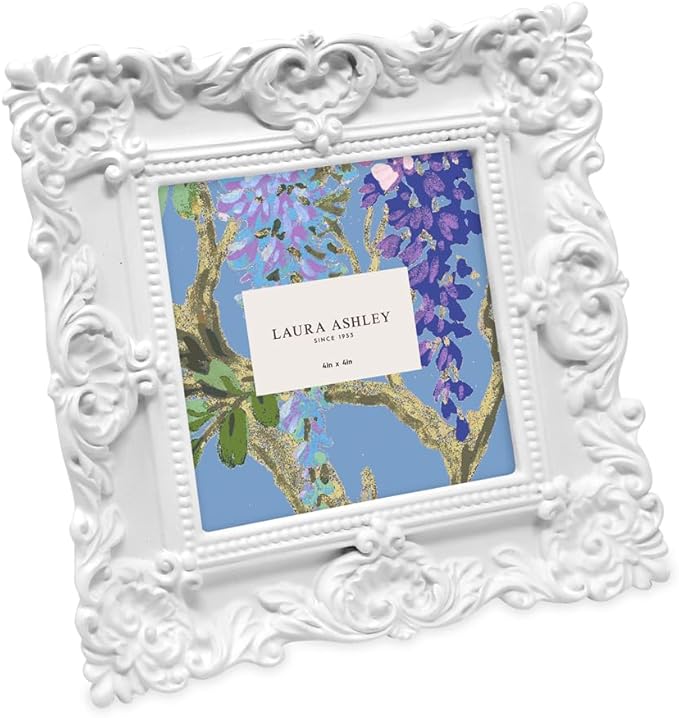 Laura Ashley 4x4 White Ornate Textured Hand-Crafted Resin Picture Frame with Easel & Hook for Tabletop & Wall Display, Decorative Floral Design Home Décor, Photo Gallery, Art, More (4x4, White)