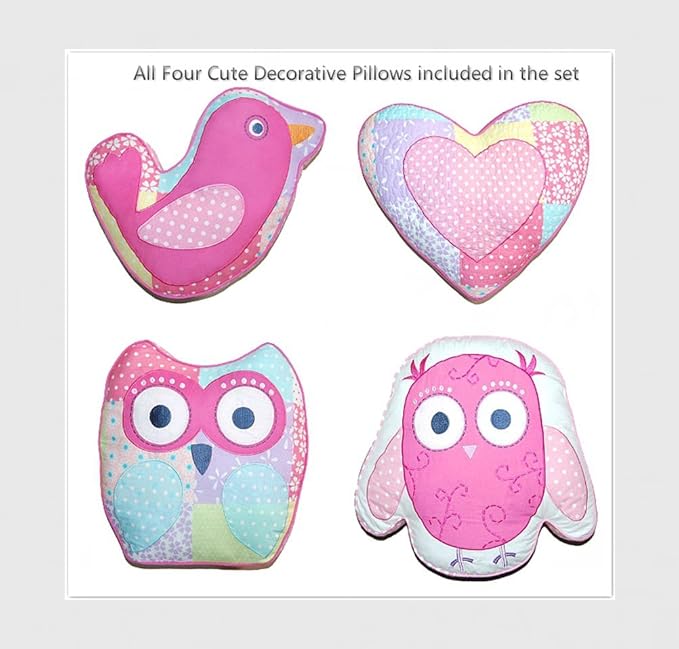 Cozy Line Home Fashions Twin - 6 Piece Cute Owl Pink Blue Green Embroidery 100% Cotton Reversible Girl Bedding Quilt Set, Coverlet, Bedspreads (1 Quilt + 1 Sham + 4 Decorative Pillows)