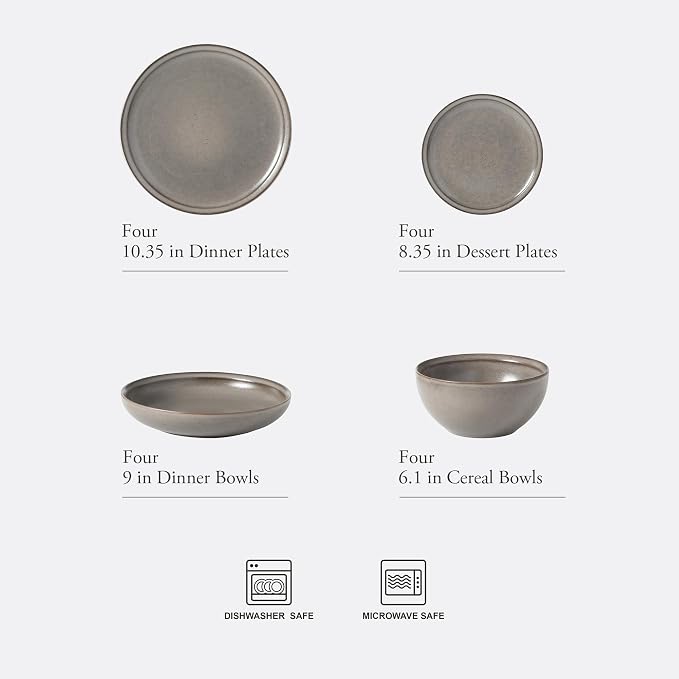 Gibson Elite Beckett Stoneware Matte Reactive Glaze 16 Piece (Service for 4) Plates and Bowls Dinnerware Set - Grey