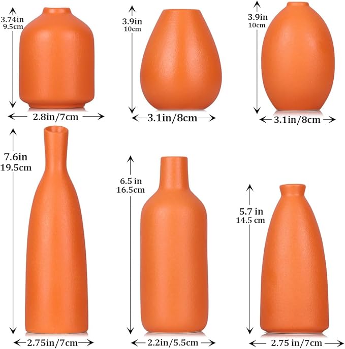 Orange Ceramic Bud Vases Set of 6, Farmhouse Decor, Fireplace Decor, Mantle & Shelf Decor, Home Decoration for Living Room, Entrance, Bathroom, Kitchen & Office, Coffee Table Decor, Bud vases in Bulk