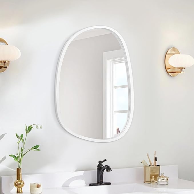 Asymmetrical Wood Frame Bathroom Mirrors for Wall Unique Irregular Oval White Mirror Modern Living Room Bedroom Vanity Entryway Hallway Decorative Artistic Hanging Wall Mirror 16"x12" White