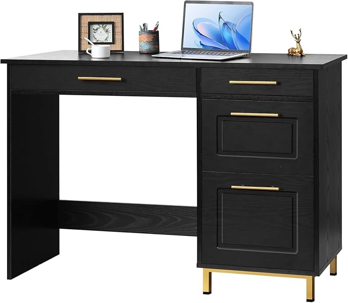 4 EVER WINNER Computer Desk with Drawers, 43 Inch Small Desk with Golden Handle, Home Office Desk with Storage Shelves for Bedroom, Black