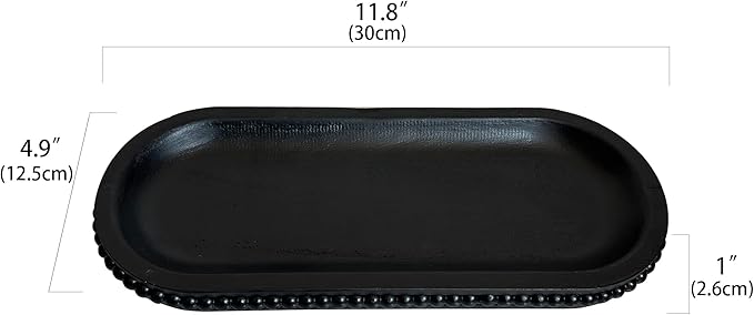 dwellington Wooden Farmhouse Decorative Tray, 12in Rustic Beaded Tray for Living Room Decor, Kitchen Table Décor, Oval Coffee Table Serving Tray (Black)