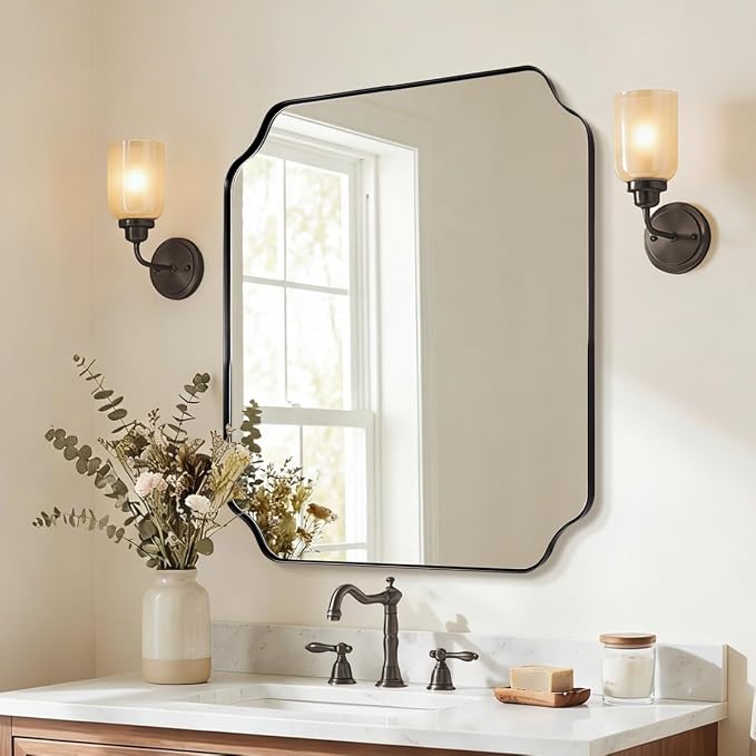 ANDY STAR 30x36 Inch Bathroom Mirror, Matte Black Vanity Mirror, Modern Scalloped Mirror in Premium Stainless Steel Metal Thin Frame, Unique Rounded Notched Corners, Hangs Vertically or Horizontally
