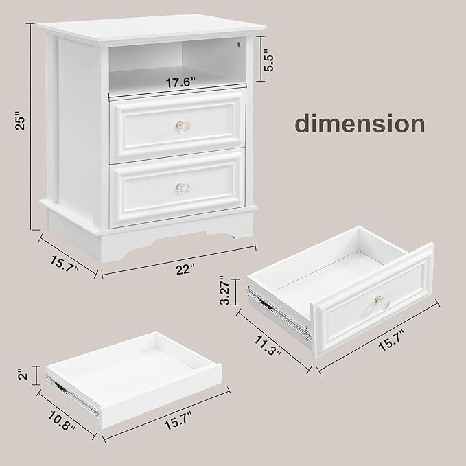 XIAO WEI Nightstand with Hidden Drawer, 2-Drawer Nightstand with Open Shelf – Sturdy Wood Bedroom End Table for Storage, Modern Furniture for Bedroom Organization, White