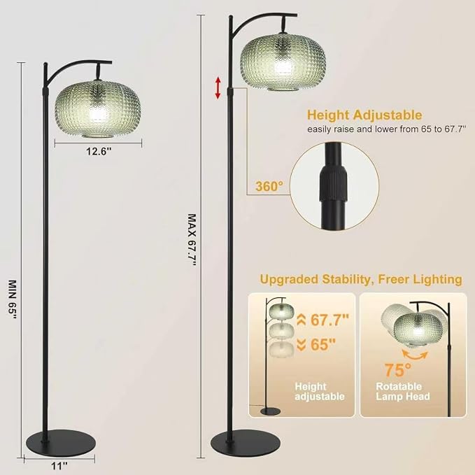 Dark Green Floor Lamps for Living Room,Black Floor Lamp with Remote Control & Green Lampshade,Arc Flower Lamp Dimmable Mid Century Modern Standing Lamp Vintage Brass Tall Floor Lamp For Bedroom Corner
