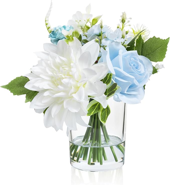 WELL KNOWN Artificial Flowers in Glass Vase with Fake Water, Silk Rose Dahlia Flower Bouquet for Home Dinning Tea Table, Office Desktop, Hotel, Wedding, Party, Lavatory Decor & Gift (Blue & White)