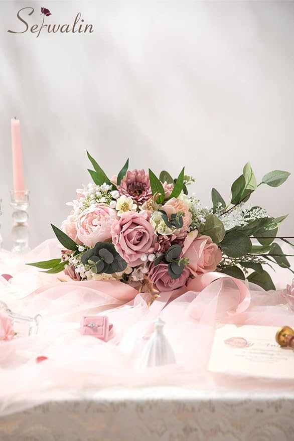 Serwalin 9.8 Inch Wedding Bouquets for Bride Bridesmaid, Dusty Pink Peonies Bridal Bouquets for Bride, Wedding Flowers Bouquet Tossing Bouquet, Wedding Ceremony and Anniversary Day Decor
