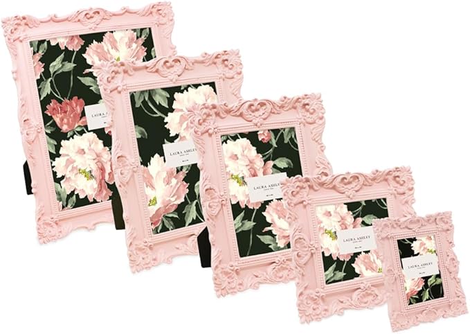 Laura Ashley 5x7 Pink Ornate Textured Hand-Crafted Resin Picture Frame with Easel & Hook for Tabletop & Wall Display, Decorative Floral Design Home Décor, Photo Gallery, Art, More (5x7, Pink)