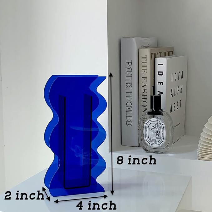BLOFLO Klein Blue Acrylic Vase, Geometric Wave Shaped Vases for Flowers, Modern Contemporary Decor for Home Office Wedding