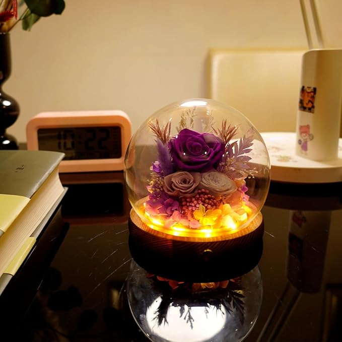 Preserved Real Rose Flowers in Glass Dome with LED Lights,Real Rose Flowers Unique Floral Gift for Girlfriend Mom Wife Girlfriend on Christmas Birthday Anniversary (Aurora Purple)
