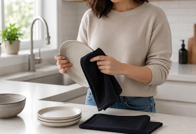 Serafina Home Oversized Solid Color Dark Navy Blue Kitchen Dish Towels: 100% Cotton Cloth Soft Cleaning Drying Absorbent Ribbed Terry Loop, Set of 3 Multipurpose for Everyday Use (Navy Blue)