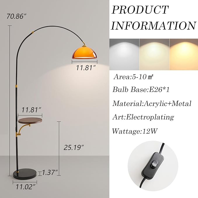 MIXL-Black Arch Floor Lamp with Wood Table,2-Tier Shade Over Couch Curved Floor Lamp,Unique Ambient Lighting,Mid Century Modern Standing Light for Office Nursery