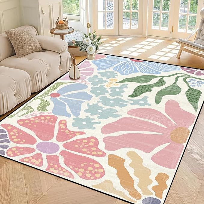 Floral Area Rug Modern Abstract Rug Pastel Flower Print Carpet Colorful Bohemian Plant Rugs for Bedroom Living Room Nursery Kitchen Playroom Home Decor,5'x7'
