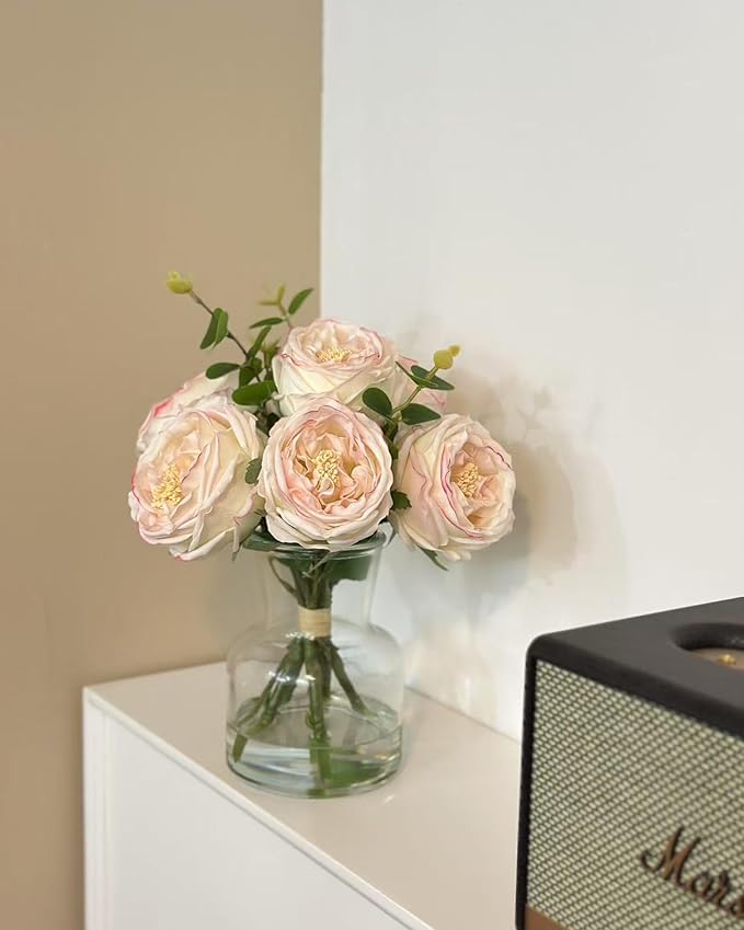 Lifelike Artificial Light Pink Rose Bouquet in Vase - 3D Petals & Stem Design - Table Centerpiece for Wedding, Restaurant, or Home Dining Room