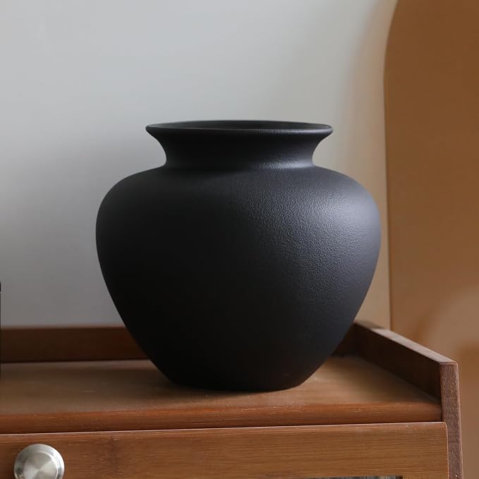 Black Ceramic Flower Vase, Decorative Jar Modern Centerpiece Table Decorations,Rustic Ceramic vases for Home Decor Dining Room,Wide Mouth Ceramic vase for Kitchen Utensils (Black, 0619)
