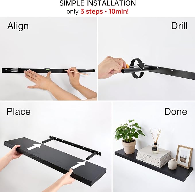 BAYKA Floating Shelves for Wall, Set of 2, 35.4 inches Long Wall Mounted Rustic Wood Shelves for Bathroom, Bedroom, Living Room, Kitchen, Office, Hanging Shelf for Books/Storage/Decor, Black
